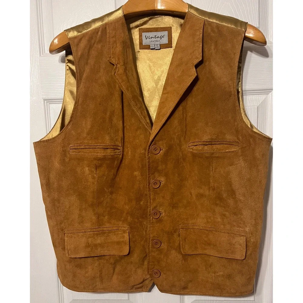 Vintage Leather Mens 2XL Tan Suede Vest Gold Satin Back Western Waistcoat Pocket